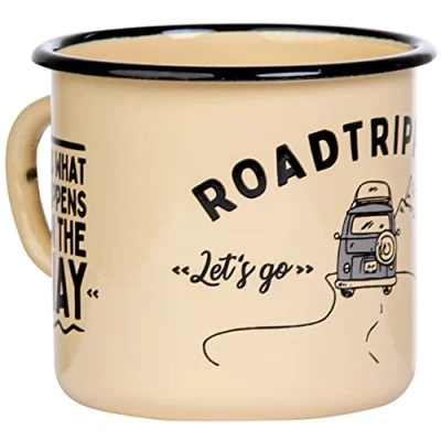 Afbeelding van MUGSY I emaille mok Roadtripping met campingbus motief en spreuk 330 ml, beker, campinguitrusting (geel)