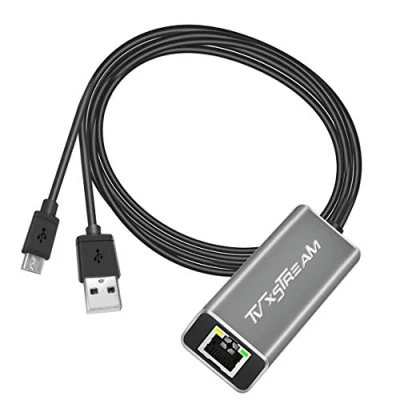 Afbeelding van USB Ethernet adapter (zilver) voor Fire TV Stick Lite/4K/4k Max Firestick of Chromecast met Micro niet Type C aansluiting, naar RJ45 Ethernet, 1 m voedingskabel, snelheden tot 100 Mbps