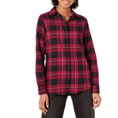 Afbeelding van Amazon Essentials Women&#039;s Lichtgewicht geruite flanellen overhemd met klassieke pasvorm en lange mouwen, Zwart Roze Schotse ruit, M