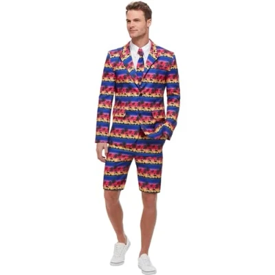 Afbeelding van Sunset Flamingo Suit, Blue, with Jacket, Shorts &amp; Tie, (XL)