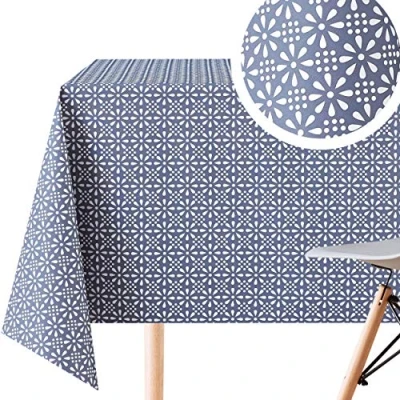 Afbeelding van KP HOME Unieke stoffen tafelkleed look and feel PVC afveegbaar vinyl 250 x 140 cm voor rechthoekige tafels tot 8 zitplaatsen waterbestendig retro bloemontwerp in vervaagd marineblauw