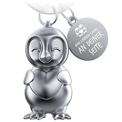 Afbeelding van FABACH pinguïn sleutelhanger Frosty met hart geluksbrenger geschenken vriendin partner liefde koppels jubileum gravure EEN leven lang aan uw zijde, Silber Matt