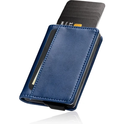 Afbeelding van Saetti Pasjeshouder Luxe Portemonnee Blauw 12 Pasjes + Briefgeld RFID Creditcardhouder Mannen &amp; Vrouwen Uitschuifbaar Kaarthouder Incl. Cadeaubox