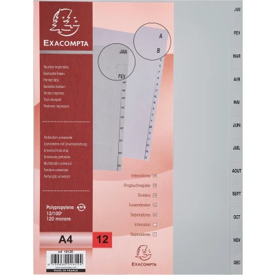 Afbeelding van Exacompta tabbladen maandelijks A4, uit PP, 12 tabs, jan dec, grijs, Frans 10 stuks