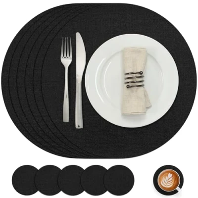 Afbeelding van Myir JUN Lederen Placemat Rond en Onderzetters, Tafelmatten Waterdichte Afveegbare Dubbelzijdige Plaats Matten Koffiematten Antislip Wasbare Placemats Coaster (Zwart, Sets 6)