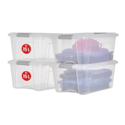 Afbeelding van Iris Ohyama, Set van 4 plastic opbergdozen met deksel, Stapelbare opbergdozen, 15L, BPA vrij, Speelkamer, Slaapkamer, Transparant / zilveren handgrepen, B29 x D39.5 H18.5 cm