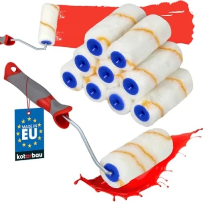 Afbeelding van KOTARBAU® Set van 10 verfrollers, geeldraad, 100 mm, met rubberen greep, penseel, verfroller, rollerkwast voor schilderwerkzaamheden en renovatie