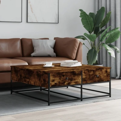 Afbeelding van Salontafel 100x99x40 cm bewerkt hout gerookt eikenkleurig