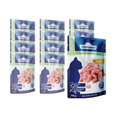 Afbeelding van Dehner Premium kattenvoer, sensitive, natvoer, voor voedingsgevoelige katten, kalkoen, 12 x 100 g zak (1,2 kg)