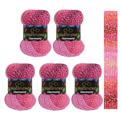 Afbeelding van Wollbiene Harmony Batik 5 x 100 g, 500 gram met kleurverloop, 30% katoen, meerkleurig, breiwol, haakwol, wol voor het hele jaar (8050 bessentinten)