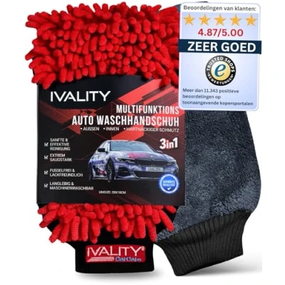 Afbeelding van Ivality® Premium autowashandje, lakvriendelijk en absorberend, 3 in 1 washandschoen voor de auto, microvezel autohandschoen, autospons een effectieve reiniging