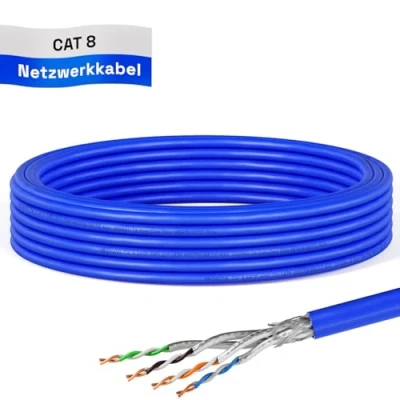 Afbeelding van HB DIGITAL 10 m Cat 8.1 netwerkkabel, installatiekabel, datakabel, ethernet, LAN kabel, Cat.8 tot 40 Gbit/s, koper S/FTP 2000 MHz, PIMF LSZH Cat8, halogeenvrij, RoHS compliant AWG 22/1, blauw