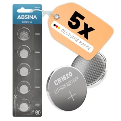 Afbeelding van ABSINA CR1620 3 V lithium knoopcel, 5 stuks, CR 1620 knoopbatterij, lekvrij en lange houdbaarheid, knoopcel voor autosleutels, horloge UVM