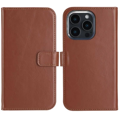 Afbeelding van Apple iPhone 16 Pro Max Hoesje Echt leder Selencia Bookcase Lichtbruin Telefoonhoesje