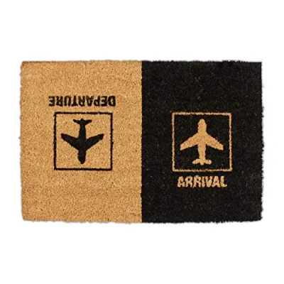 Afbeelding van Relaxdays deurmat kokos &quot;Arrival Departure&quot;, schoonloopmat met vliegtuig print, binnen &amp; buiten, 40x60 cm, natuur/zwart