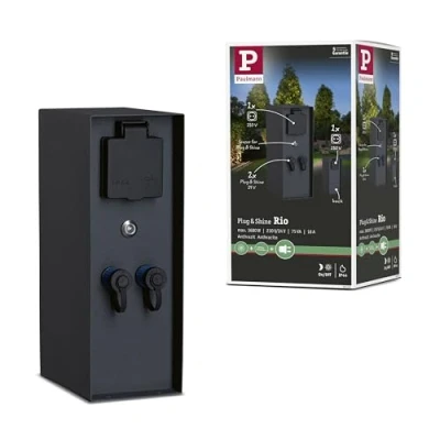 Afbeelding van Paulmann 94701 Plug &amp; Shine buitenlamp toebehoren contactdooszuil Rio met schemersensor IP44 antraciet aansluitingen 2x 230 V 24