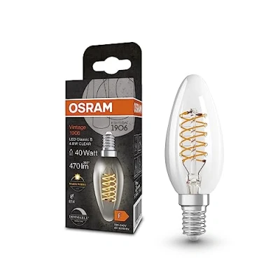 Afbeelding van OSRAM Vintage 1906® kerte filament LED pære, E14, klar, 4,8W, 470lm, 2700K, varmt hvidt lys, dæmpbar, ny ultraslank glødetråd, meget lavt energiforbrug, lang levetid