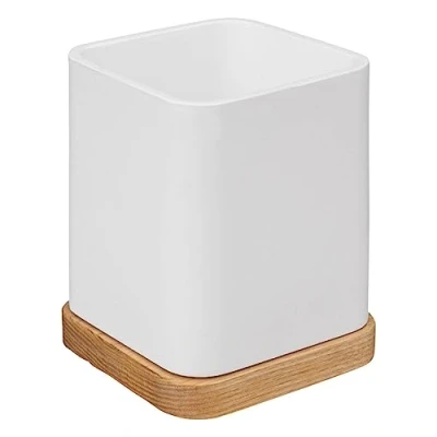 Afbeelding van 5Five tandenborstelhouder/organizer wit 10 x 8 cm bamboe vierkant tandenborstel beker Tandenborstelhouders
