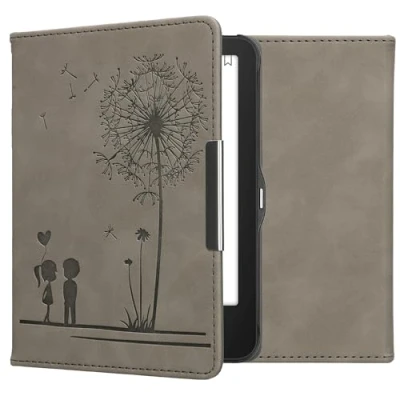Afbeelding van kwmobile e reader hoesje geschikt voor Tolino Vision 1 / 2 3 4 HD hoes Ereader flip case met standaard Kunstleren cover Paardenbloemen Liefde design in grijs