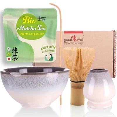 Afbeelding van Goodwei Matcha Set met BIO uit Japan artistieke kom, keramische bezemhouder, handgemaakte bamboe klopper en lepel Cadeauset Theeceremonie (Kiri)