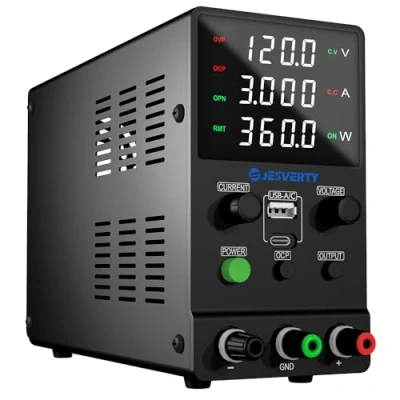 Afbeelding van Laboratoriumvoeding DC voeding variabel, 0 120V 3A instelbare schakeling geregelde bankvoeding met USB en Type C snelladen, encoderknop, uitgang aan/uit schakelaar,4 cijferig LED display Jesverty