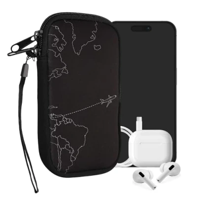 Afbeelding van kwmobile insteekhoesje voor smartphones M 5,5&quot; hoes van Neopreen Travel Vliegtuig wit/zwart binnenmaat 15,2 x 8,3 cm