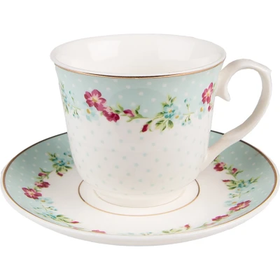 Afbeelding van Clayre &amp; Eef Kop en schotel 250 ml Wit Groen Porselein Bloemen Servies