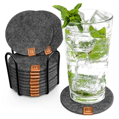 Afbeelding van Miqio® Design vilten glazen onderzetters, rond, set van 12 met houders, duurzame Oekotex onderzetters voor dranken, kaarsen, kopjes, bar, glazen, tafeldecoratie, donkergrijs