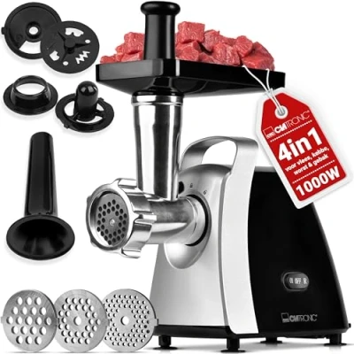 Afbeelding van Clatronic® vleesmolen 1000W met opzetstuk voor koekjes/spuitgebak elektrische 3 metalen schijven en terugloop incl. worstvuller hals slak FW 3803