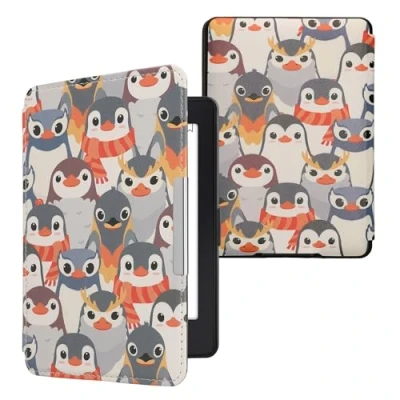 Afbeelding van kwmobile E reader hoesje geschikt voor Amazon Kindle Paperwhite hoes flip case met magnetische sluiting Ereader cover Pinguïn Ontwerp design in grijs / geel bruin