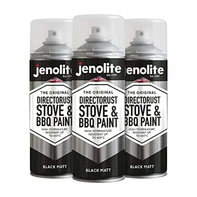 Afbeelding van JENOLITE Directorust Kachel &amp; BBQ spuitusver ZWART Zeer hoge temperatuurbestendig tot 650 C BBQ&#039;s, kachels, schoorstenen, automobiel, brandschermen omgeving 3 x 400ml