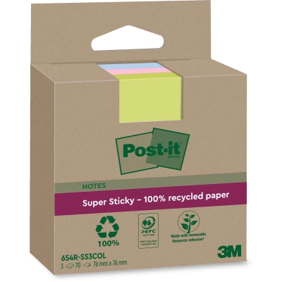Afbeelding van Post it Super Sticky Notes Recycled, 70 vel, ft 76 x mm, assorti, pak van 3 blokken memoblok