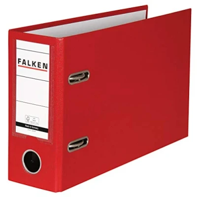 Afbeelding van Origineel Falken PP Color Kunststof Ordner mappeciaal formaat. Made in Germany. 8 cm breed DIN A5 liggend met verwisselbaar venster rood rekeningafschrift ringband dossiermap briefomslag kantoormap