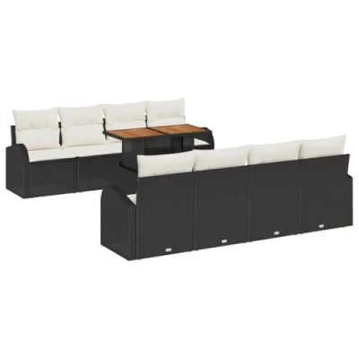 Afbeelding van vidaXL 9 delige tuinbank set met kussens zwart poly rattan