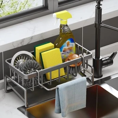 Afbeelding van Edumov Gootsteen Caddy Organizer, RVS Spons Houder Spoelbak met Afneembare Afvoerbak, Keuken Sink Organizer Vaatdoek Hanger (Grijs)