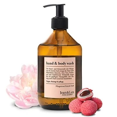 Afbeelding van Jean &amp; Len Hand en lichaamswas Peony Lychee, bloemige delicate geur, douchegel zeep, zonder parabenen, siliconen microplastics, veganistisch, glazen fles 500 ml