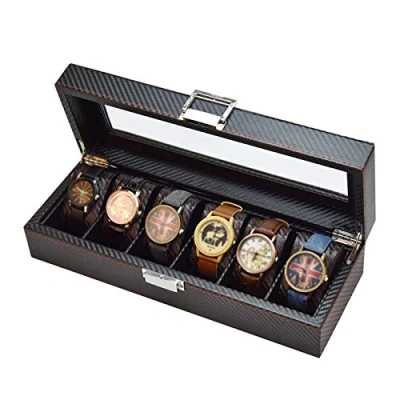 Afbeelding van Horloge Opbergdoos 6 sleuven Display Houder Case Lederen Koolstofvezel Sieraden Armband Collectie Organizer met Glazen Deksel