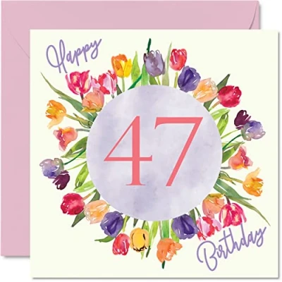 Afbeelding van mooie 47e verjaardagskaarten voor vrouwen aquarel tulpen bloemen boeket gelukkige verjaardagskaart haar moeder tante zus vriend verjaardagscadeau, 145 mm x wenskaarten cadeau
