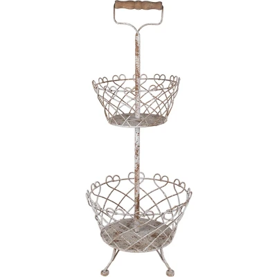 Afbeelding van Clayre &amp; Eef Etagère Ø 28x74 cm Wit Bruin IJzer Fruitschaal