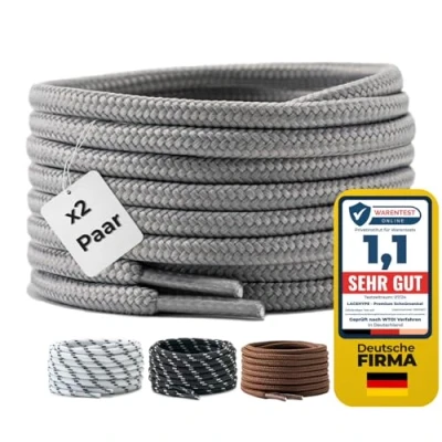 Afbeelding van LaceHype 2 paar premium ronde veters, diameter 4 mm, voor werkschoenen, laarzen, outdoorschoenen en sportschoenen, scheurbestendige schoenveters, vervangende schoenveters van polyester, grijs, 180 cm