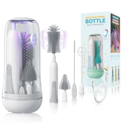 Afbeelding van Orzbow Elektrische flessenborstelset voor baby&#039;s, draagbare babyflesborstel met uv sterilisator babyflessen, melkopschuim, rietjesborstel en tepelborstel, droogstandaard, grijs