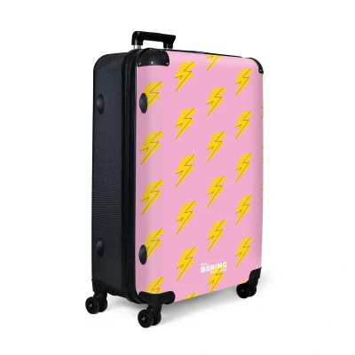 Afbeelding van NoBoringSuitcases.com® Koffer groot Reiskoffer lichtgewicht Roze met gele bliksem Rolkoffer 4 wielen Grote trolley XL 98 liter bagage