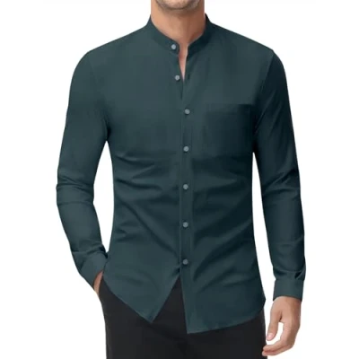 Afbeelding van DEMEANOR Stretch overhemd zonder kraag heren lange mouwen business slim fit strijkvrij overhemden opstaande heren, donkergroen, L