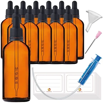 Afbeelding van HandsUnity 100ml 12st Pipetfles Klein Glazen Flesje Amberkleurige Apothekerspot set Met Zwarte Pipetdop inclusief 29st Hulp Accessoires Bruine Flessen