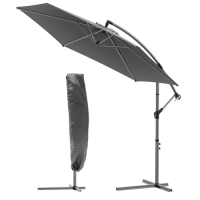 Afbeelding van VOUNOT 3M zeshoekige offsetparasol met terugklapbare handgreep Verstelbare afneembare parasol 180 gr/m2 canvas UV bescherming Hoogte 235 cm 6 stalen ribben Inclusief grijze beschermhoes