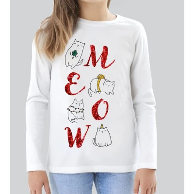Afbeelding van Kerst / Christmas T Shirt Cadeau Meow Meisjes Wit Kind 5 6 jaar Maat 116