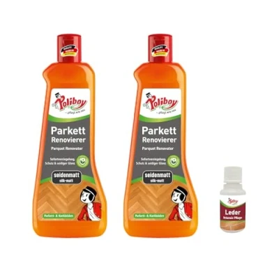 Afbeelding van Poliboy Parket renovatie zijdemat voor beschadigde houten en kurkvloeren vloerreiniging verpakking van 2 stuks x 500 ml (1 liter) Made in Germany