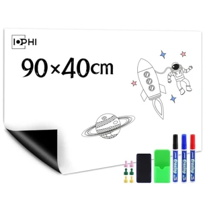 Afbeelding van whiteboard magnetische folie, 90 x 40 cm, zelfklevende magneetfolie, sterk afwisbaar magneetbord, wit, inclusief marker en sponsmagneten, geschikt voor kantoor thuis, koelkast enz