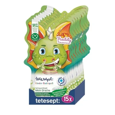 Afbeelding van tetesept Kinderen badplezier schuimbad Mijn draak met fruitige appelgeur en verzorgende huidreceptuur drakensterk badschuim groen water 15 x 40 ml