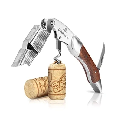 Afbeelding van Philorn Professionele Kurkentrekker, Alles in één Roestvrijstalen Flesopener, Bier Opener, Wijnopener, Kelnersmes met Foliesnijder, Rozenhouten Handvat, Perfect voor Sommelier/Ober/Barman/Thuisgebruik
